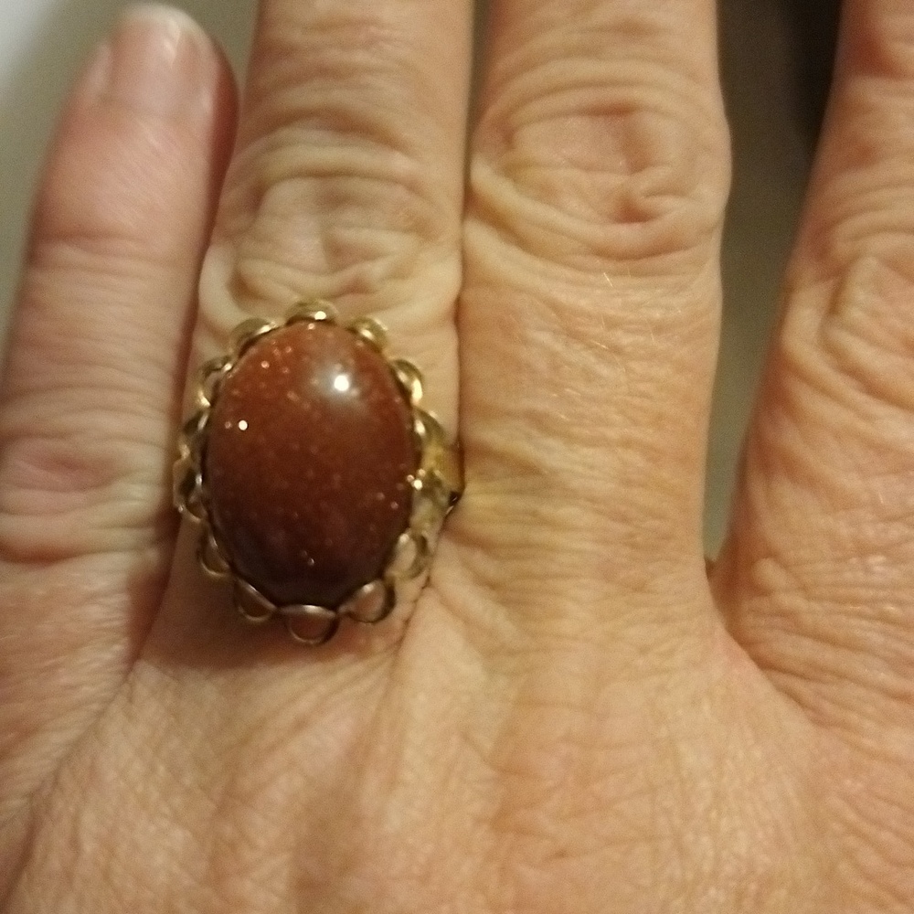 Vintage Czech Sand Stone Set In Gold Tone Filagree Adjustable Band Marked - Picture 3 of 12